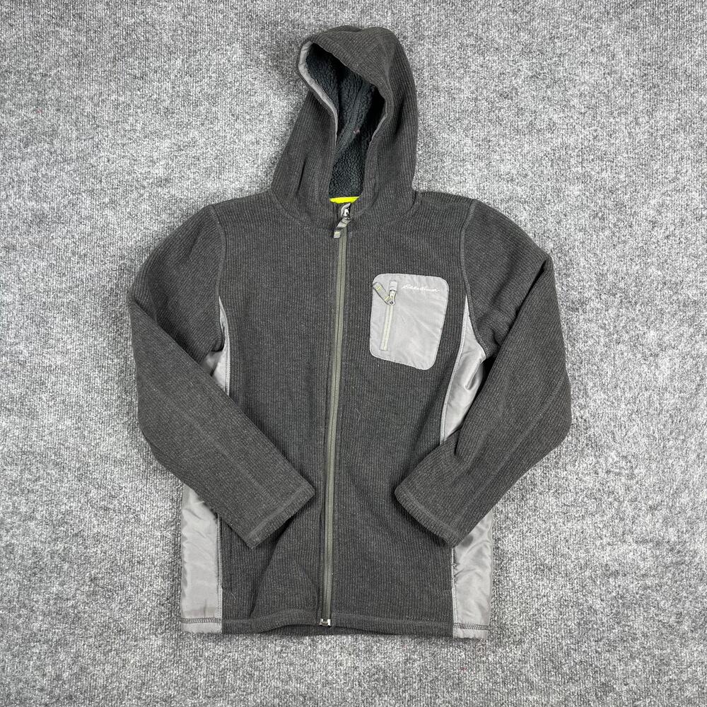 Eddie Bauer Jacket Kids Size L Gray Full Zip Hooded Fleece Lined Outdoor Casual